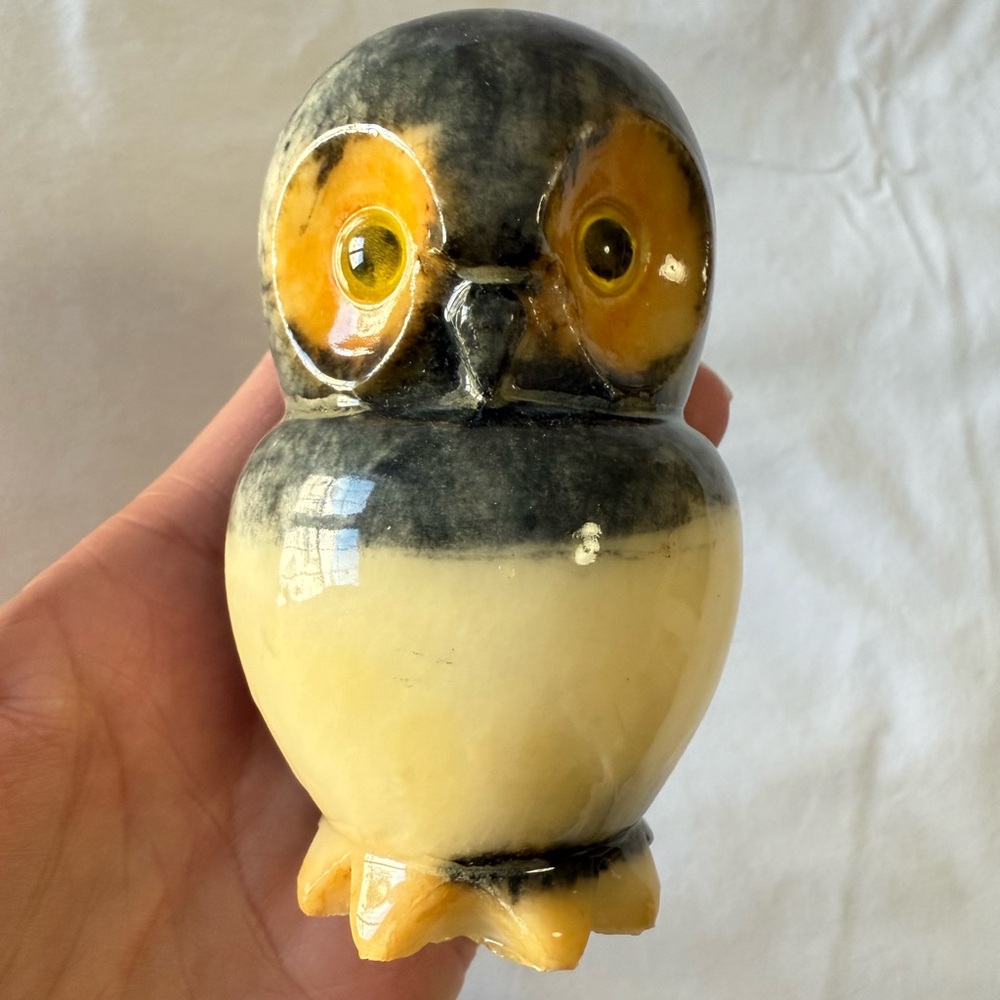 ABF | VTG Italian Alabaster Stone Owl Figurine Genuine Hand Carved Paperweight